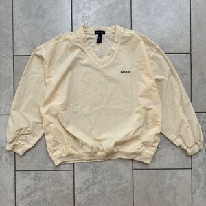 VINTAGE IZOD Pullover V Neck Nylon Windbreaker Jacket Size L Mens Cream 90s